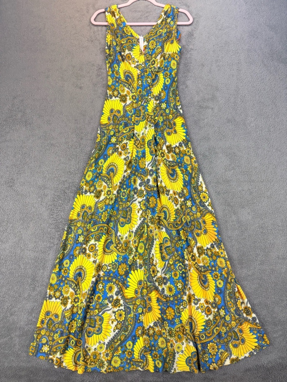 Vintage 70s Psychedelic Floral Paisley Maxi Dress Yellow & Blue Boho Sleeveless